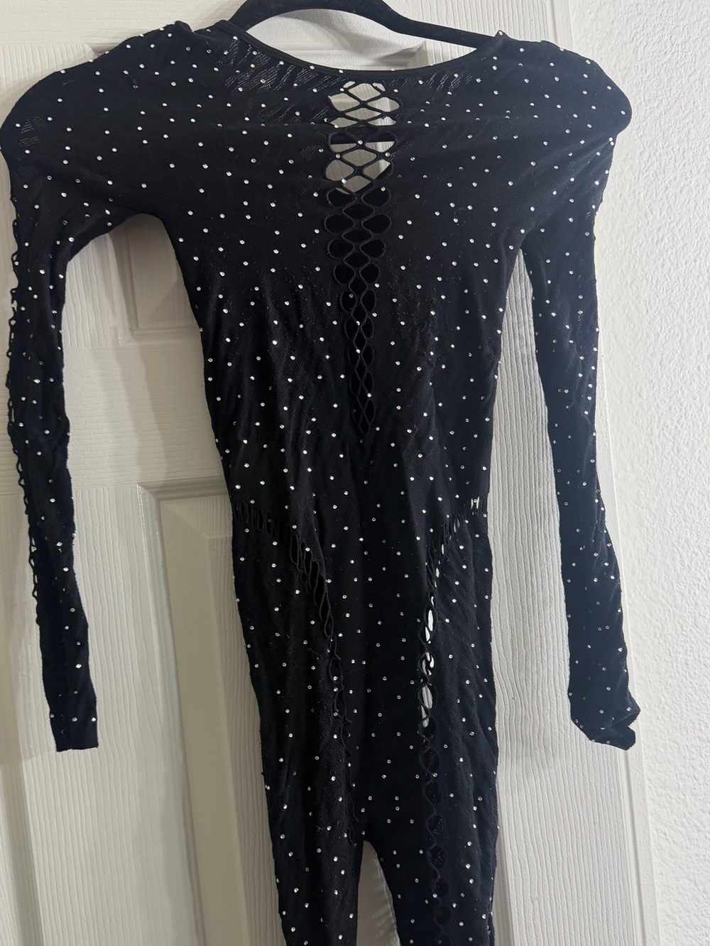 Fashion Nova Black Long-Sleeve Polka Dot Lace-Up Jumpsuit